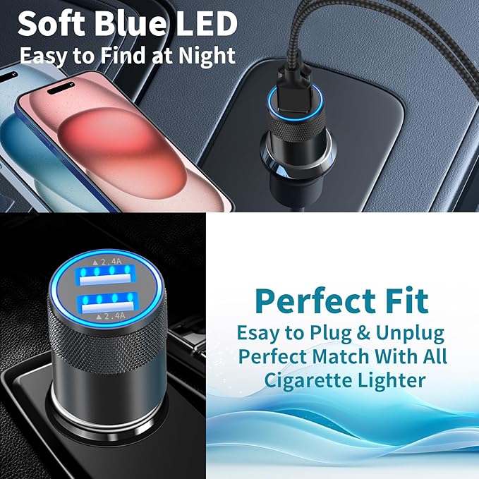 [Apple MFi Certified] iPhone 17 Car Charger Fast Charging, Braveridge 2Pack 4.8A USB Power Cigarette Lighter USB-C Car Charger + Type-C Braided Cord for iPhone 17/17 Pro Max/16/15/Galaxy/S26/S25/Pixel
