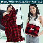 PAVILIA Travel Blanket Pillow, Airplane Blanket Set in Soft Bag with Pockets, Plane Blanket Compact Packable, Flight Essentials Car Pillow, Travelers Accessories Gifts, Luggage Strap, Plaid Red