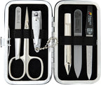 3 Swords Germany - Brand Quality 6 piece Manicure Pedicure Grooming kit Set - Scissors, Metal and Glass Nail File, Clipper, Tweezers with Synthetic Leather case - Chequered