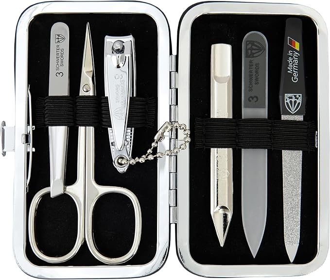 3 Swords Germany - Brand Quality 6 piece Manicure Pedicure Grooming kit Set - Scissors, Metal and Glass Nail File, Clipper, Tweezers with Synthetic Leather case - Chequered