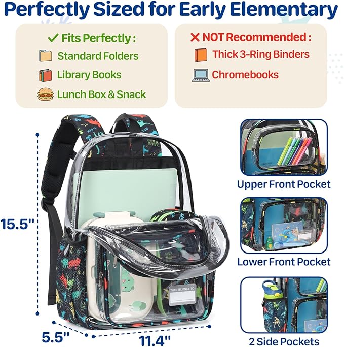 Bagseri 3pcs Clear Backpack for Boys - 15 Inch School Bag Set with Lunch Box and Pencil Case, Heavy Duty Transparent Bookbag for Kindergarten to Grade 2, Black Dinosaur