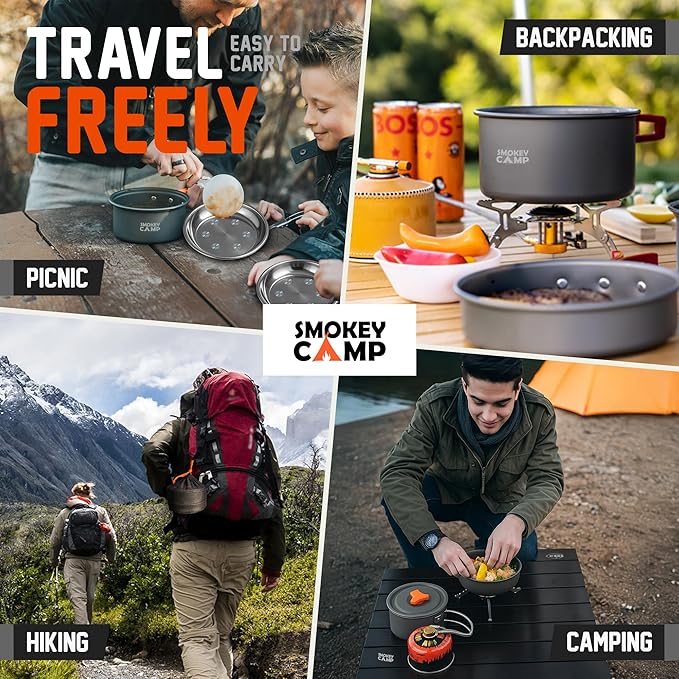 Smokey Camp Camping Cookware Mess Kit Set with Stove - Backpacking Camping Pots and Pans Set, All in One Non-Stick Camping Cooking Set, Portable Stove, Hiking, Picnic, Outdoor & Camping Cookware Set
