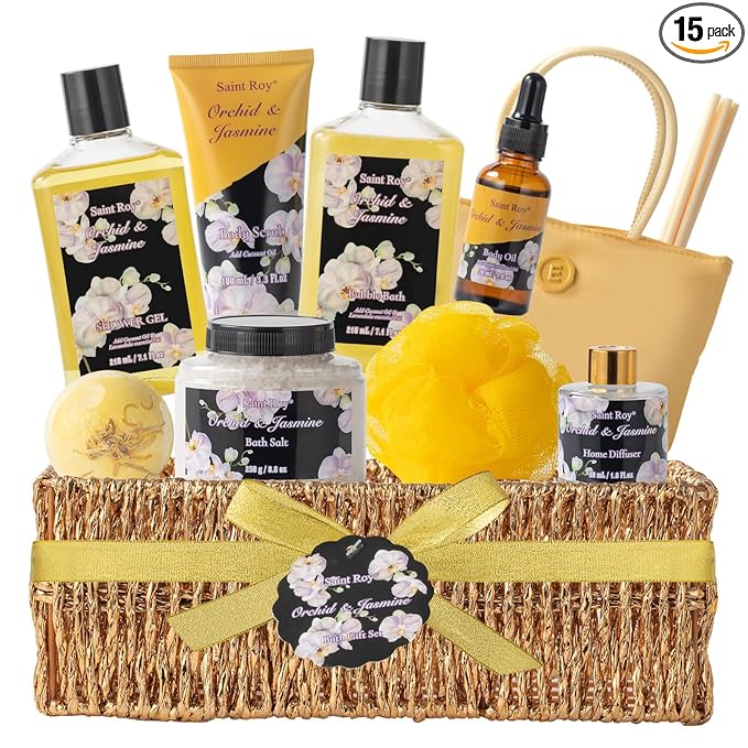 15Pcs Spa Kit Gifts for Women - skincare Bath and Body Spa Gift Basket for Women with Purse Handbag | Relaxing Care Kit Orchid Jasmine Mothers Day Gifts for Mom Gift Baskets for Anniversary