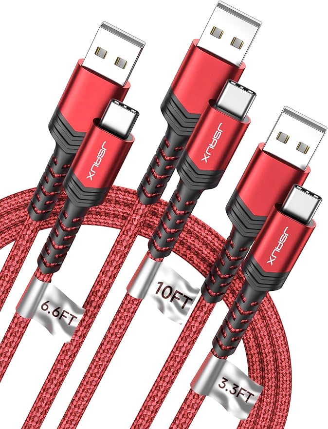JSAUX USB C Cable Fast Charging, 3-Pack (10ft+6.6ft+3.3ft) USB A to Type C Charge Cord for iPhone 17/17 Pro/17 Pro Max, iPhone 16/16 Pro/16 Pro Max, Samsung Galaxy S21 S20 Note 20, USB C Charger(Red)
