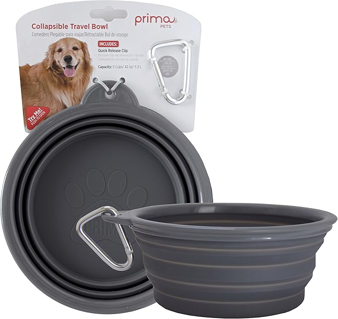 Sale: Prima Pet Collapsible Silicone Water Travel Bowl with Clip for Dog and Cat, Portable and Durable Pop-up Feeder for Convenient On-the-go Feeding Size: Large (5 Cups) Grey