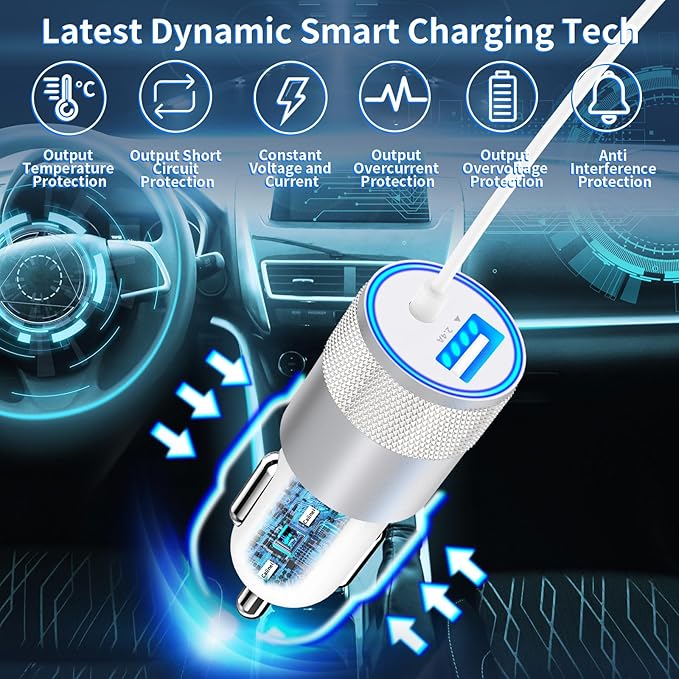 [Apple MFi Certified] iPhone 16 Car Charger Fast Charging, Caiinei 4.8A USB Car Power Cigarette Lighter USB-C Car Charger Adapter + 6FT Type-C Cable for iPhone 16 Pro/16 Plus/16 Pro Max/15/15 Pro/iPad
