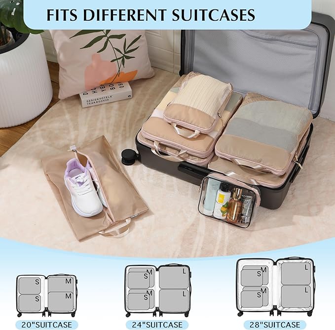 PFEYRPK Lightweight Compression Packing Cubes for Suitcases, Compressible Expandable Travel Packing Organizer with Clear Toiletries and Backpack Bag, Travel Essentials for Carry on Luggage 7 Set