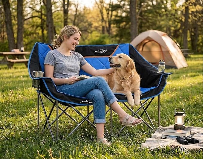 FAIR WIND Oversized Fully Padded Camping Chair Folding Loveseat Camping Couch Double Duo Chair Heavy Duty Quad Fold Arm Chair with Cup Hold - Supports 650 LBS Blue