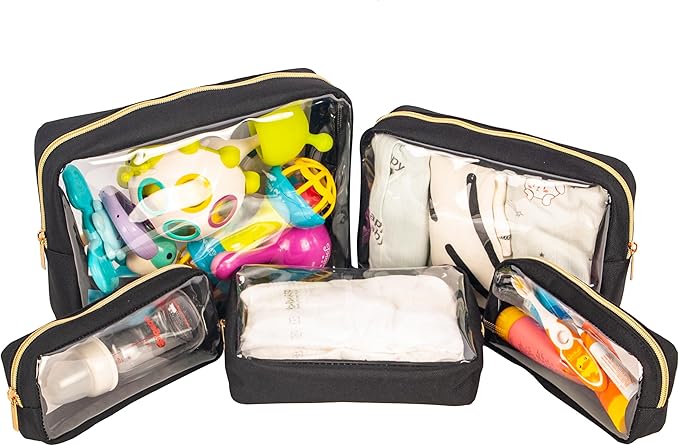 Remobia Hicol TSA Approved 5-Piece Diaper Bag Organizer Pouch Set Clear Waterproof TPU Kids Toiletry Storage Set Travel Packing Clutch Cube Bags for Baby Nursing(Black)
