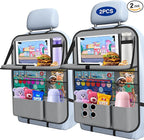 2PACK-Car Backseat Organizer with Touch Screen Tablet Holder,9 Storage Pockets Storage Organizer with Foldable Food Tray, Protector Kick Mats for Kids, Travel Accessories Organizer (Grey)