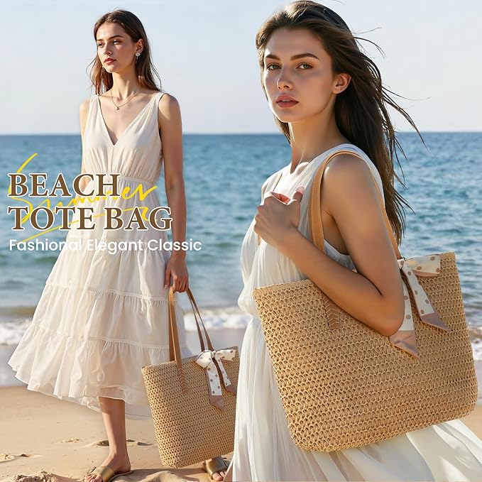 Trifabricy Beach Bags for Women, Large Straw Beach Bag, Beach Tote Bag Shoulder Handbags, Straw Bag Beach Purse for Summer