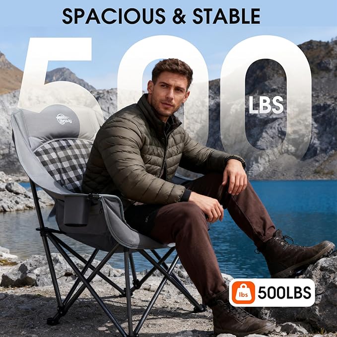 Bolosy Oversized Camping Chairs for Adults Heavy Duty Padded Portable Lawn Chairs Outdoor Folding Chairs XL Camp Chairs with Cup Holder Suproot 500 lbs, Gray Plaid
