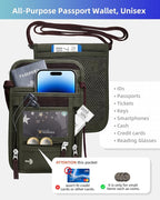 WALNEW Passport Holder Neck Pouch Travel Wallet for Women and Men, RFID Blocking Security Slim Traveling Wallet with Around Neck Lanyard Strap, Army Green