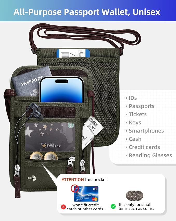 WALNEW Passport Holder Neck Pouch Travel Wallet for Women and Men, RFID Blocking Security Slim Traveling Wallet with Around Neck Lanyard Strap, Army Green