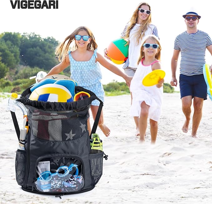Mesh Drawstring Backpack with Shoe Compartment, Sandproof Beach Swim Bag with Wet Pocket, Pool Gym Shower Bag for Travel Summer Camp