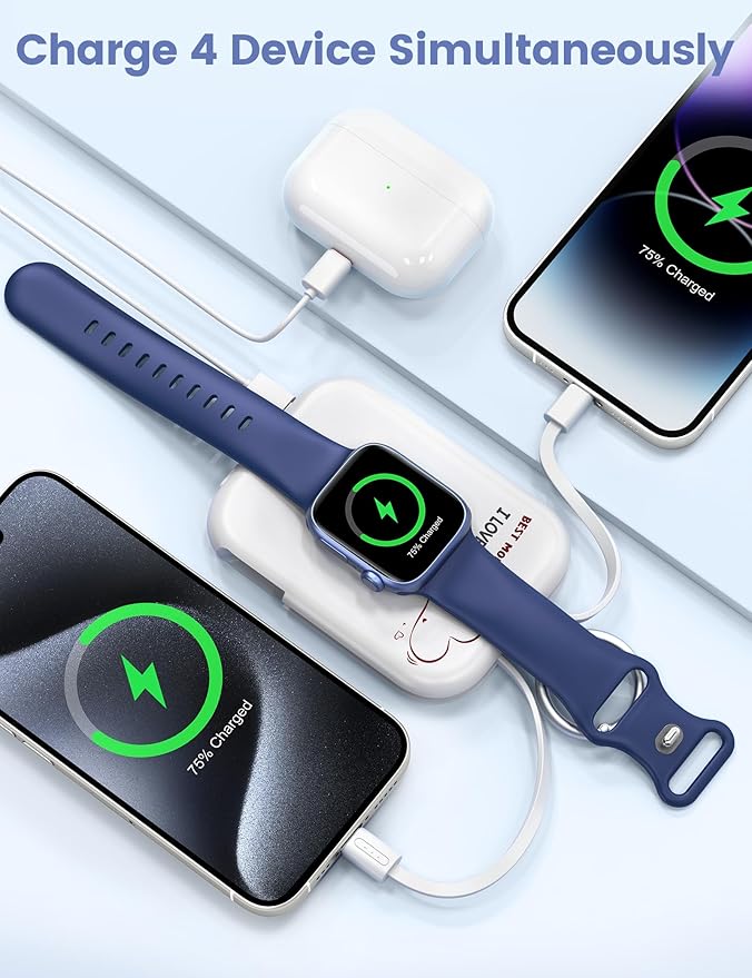 RORRY CharmGo Portable Charger, 5000mAh Portable Charger Power Bank with Built-in Cables, Travel Keychain Battery Pack for Apple Watch and iPhone Air/17/16/15/14/13/12, Mom-White