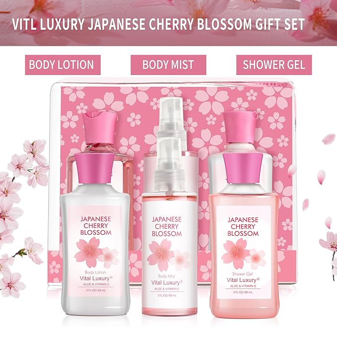Bath and Body Travel Gift Set, 3pcs Travel Size Shower Gel Body Lotion Fragrance Mist Christmas Birthday Gift TSA-Friendly for On-the-Go Self-Care (3PCS, Japanese Cherry Blossom)