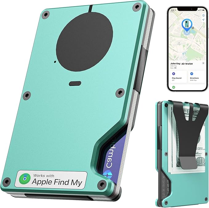 Air Wallet, Built-in Tracker Slim Wallet, Smart Wallet with Money Clip, Compatible with FindMy Network(iOS Only), Anti-Theft Card Holder, *Gift for Men (Tracker Wallet, Tiffany blue)