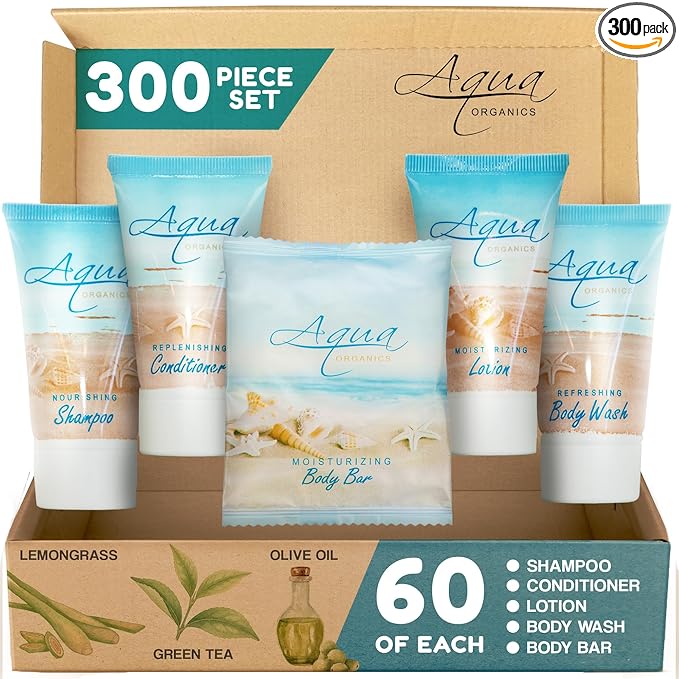 Aqua Organics Hotel Soaps and Toiletries Bulk Set | 1oz Hotel Shampoo & Conditioner, Body Wash, Body Lotion & 1oz Bar Soap Travel Size | 300 Pieces