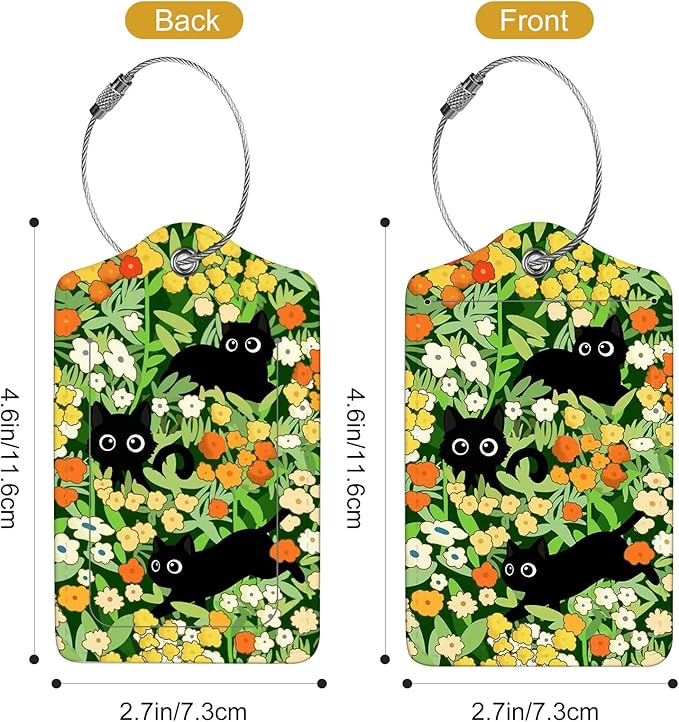 2Pack Luggage Tags for Suitcases, Cute Unique Pu Leather Cruise Luggage Tag with Privacy Cover ID Label Address Card and Metal Ring Suitable for Women Men Kids Travel Bag Flowers and Three Cats