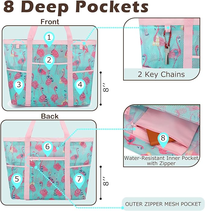 Fammart Mesh Beach Bag with Zipper, Large Beach Tote for Women, Toys Pool Swim Bag Travel Vacation Cruise Essentials
