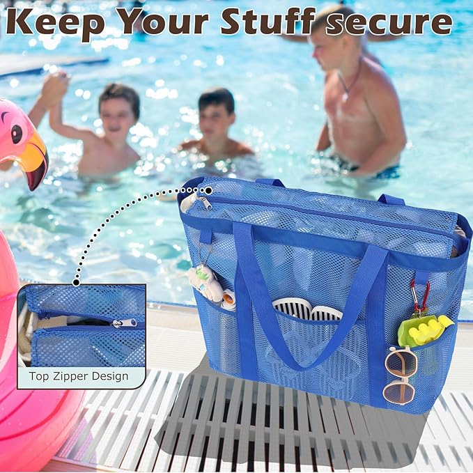 Fammart Mesh Beach Bag with Zipper, Large Beach Tote for Women, Toys Pool Swim Bag Travel Vacation Cruise Essentials