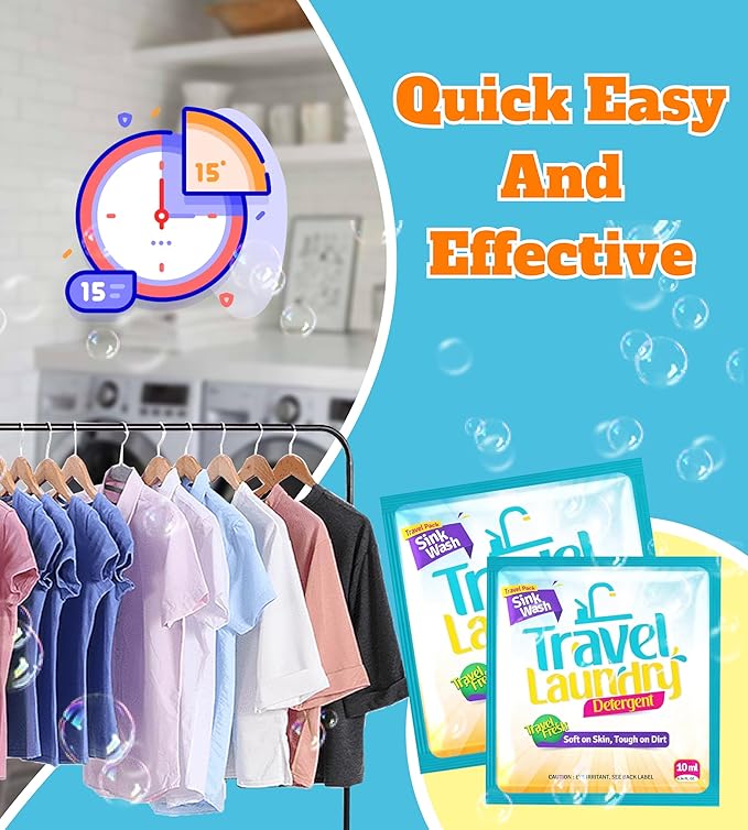 TidyFriend Sink Travel Laundry Detergent 10 ml, 16 Pack Effective Travel Detergent Packets for Sink Washing, Lightweight Must Haves Laundry Essentials