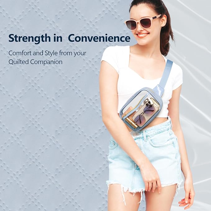 Packism Clear Fanny Pack for Women Stadium Approved - Quilted Clear Belt Bag, Adjustable Strap Fits 35-51 Inches, Transparent Waist Bag for Sports Concerts Festivals, Dusty Blue