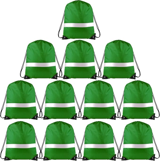 KUUQA 12 Pcs Drawstring Backpack Bag Bulk Reflective Backpack Dark Green String Bags Cinch Sack Backpack for Team Yoga Sport Gym Traveling