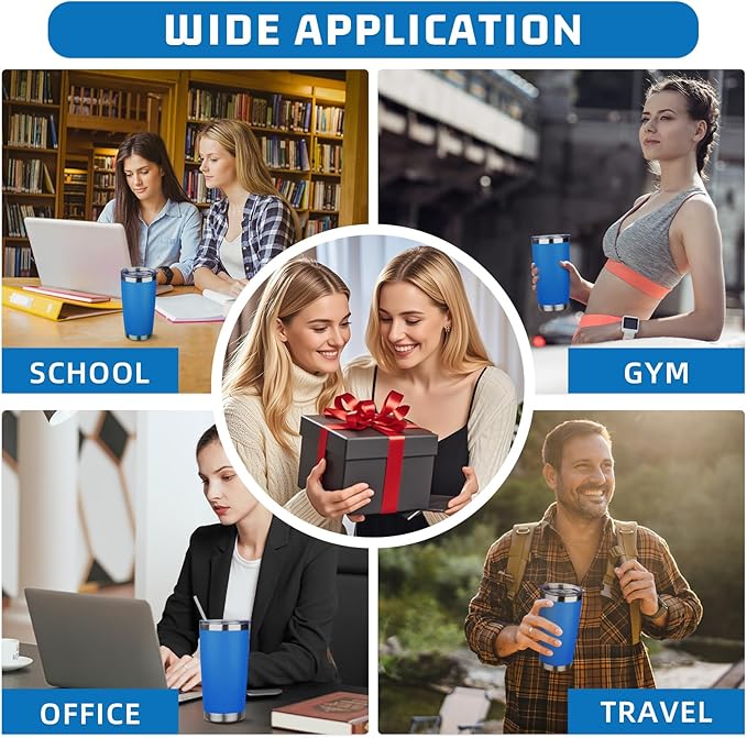 20 oz Tumbler with Lids and Straws, Stainless Steel Insulated Travel Coffee Mug, Double Wall Vacuum Insulated Tumblers, Powder Coated Coffee Tumbler for Cold & Hot Drinks (Sea Blue, 6 Pack)