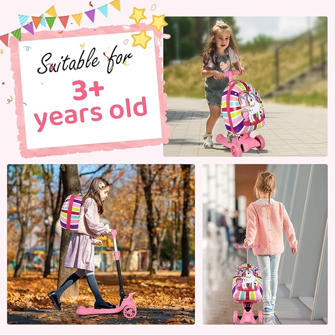 3-in-1 Ride-On Scooter Suitcase, Hardside Ride On Suitcase For Kids Ages 4-15 with LED Light-Up Wheels, Retractable Handle, Foldable & Detachable Scooter Travel Trolley Ride On Luggage-Pink