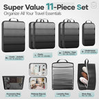 Veken 11 Set Compression Packing Cubes for Travel Essentials,Compressible Expandable Large Luggage Suitcase Organizer Bags for Clothing,Durable Space Saver Storage Bags with Toiletry Bags(Black)