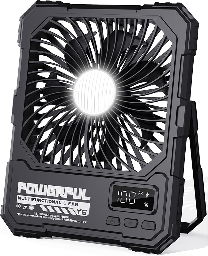 Portable Fan, Camping Fan, 20000mAh 6-Inch 18-85H Rechargeable Ultra Thin Foldable with Built-in Power Bank, LED Light, Remote Control, Hook for Outdoor Camping Tent RV Travel (Black)