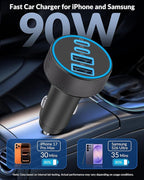[4 in 1] USB C Car Charger, 4-Port 90W Super Fast Charging Cigarette Lighter Adapter, Dual 45W USBC & USB-A Multiport Car Phone Charger Accessories for iPhone 17 16 15 14 13 12, iPad, Galaxy, Tablet