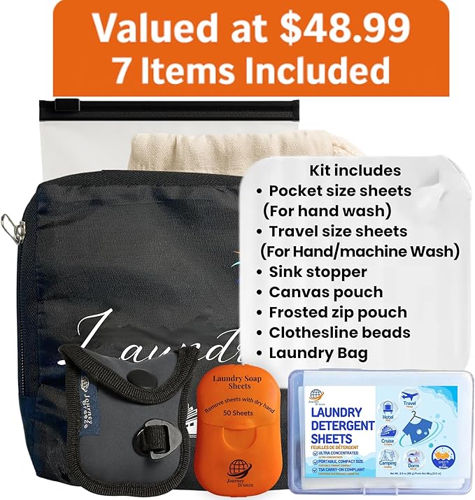 Travel Laundry Detergent Sheets Kit – 2-Size Travel Detergent Sheets + Lightweight Clothesline, Universal Sink Stopper & Foldable Laundry Bag Great for Hotels, Cruises, Camping & Trips