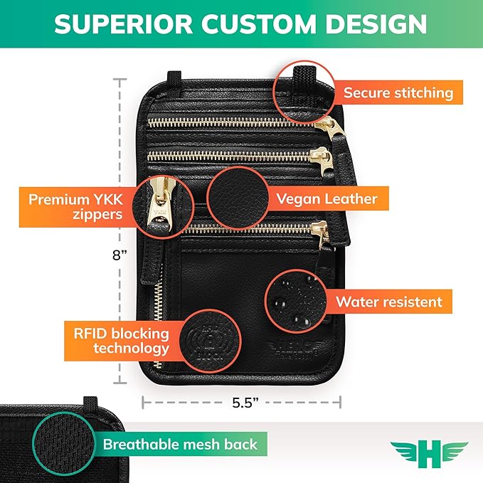 HERO Neck Wallet, RFID Blocking Vegan Leather Passport Holder Travel Pouch (Black)