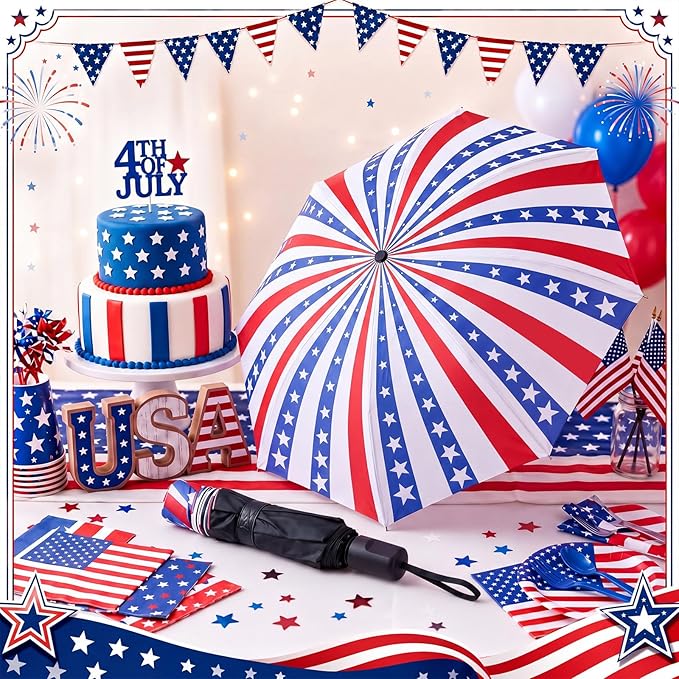 6 Pcs Patriotic American Umbrellas Red White Blue 4th of July Umbrellas with 8-Rib and Black Coating, Windproof