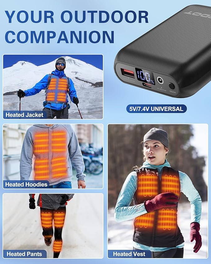 7.4V/5V 2A 16000mAh Heated Vest Battery Pack Compatible with ORORO and Venustas, NORSENN, Portable Power Bank with LED Display for 𝟓𝐕 USB heated Vests Jacket Camping Chair Blanket(NOT for 12V）