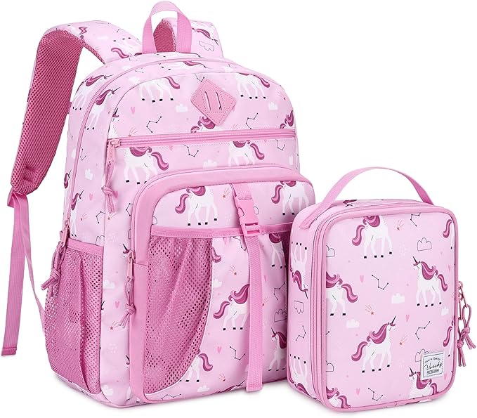 VASCHY Girl Kids Backpack & Lunch Bag Set, 2-in-1 School Bookbag with Insulated Lunch Box for Preschool, Daycare, Kindergarten & Elementary School – Pink Unicorn