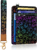 Yonlevres Dog Paw Credit Card Holder Slim Wallet, RFID Wallet Women Front Pocket Wristlet Lanyard, Small Card Holder Travel Funny Cute Thin Card Case ID Window PU Leather Card Organizer Gifts Girls