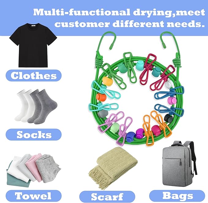 Portable Travel Clothesline,Adjustable Elastic Stretch Line with 12pcs Clothes Clips,for RV Outdoor and Indoor Camping Accessories (Green)