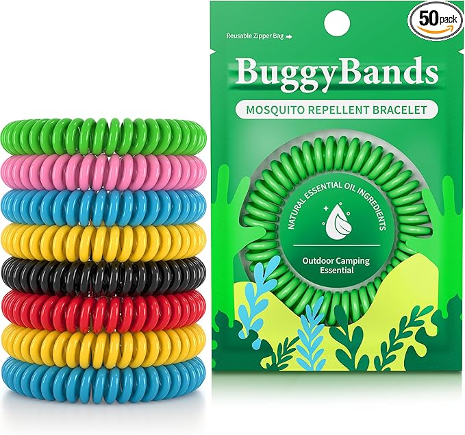 BuggyBands Mosquito Bracelets, 50 Pack Individually Wrapped, DEET Free, Natural and Waterproof Band for Adults & Kids