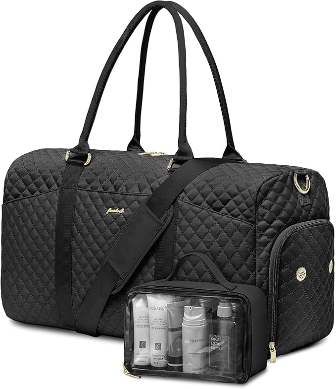 FOCDOD Travel Duffle Bag for Women - Weekender Bags with Shoe Compartment Large Carry on Overnight Tote Bag with Toiletry Bag Traveling Yoga Gym Bags with Wet Pocket Mommy Hospital Bag Black