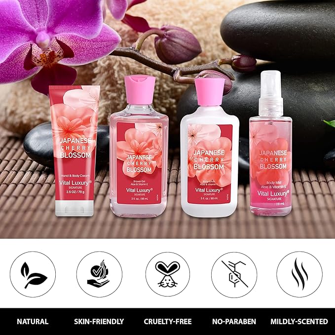 Mother’s Day Gift Set for Women – 4PC Japanese Cherry Blossom Luxury Spa Kit with Hand Cream, Body Lotion, Shower Gel & Mist, Relaxing Self Care Travel Bath and Body Set for Mom, Wife, or Her