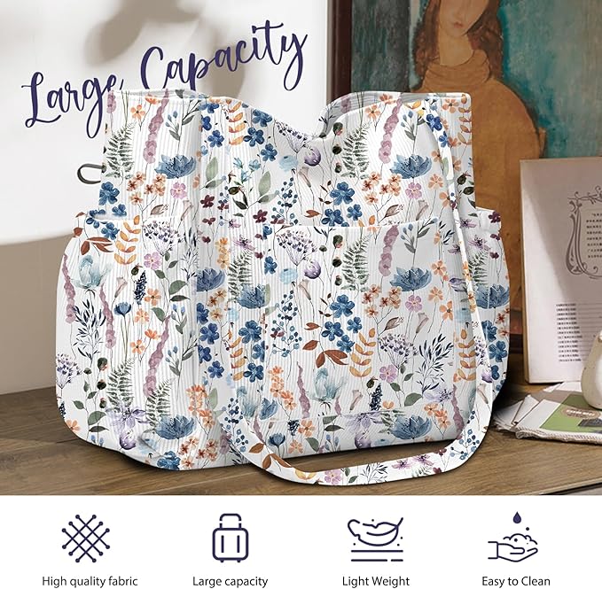 Corduroy Tote Bag for Women,Large Capacity Cute Tote Bags With 6 Pockets,Crossbody Shoulder Handbag for Work Travel Gym