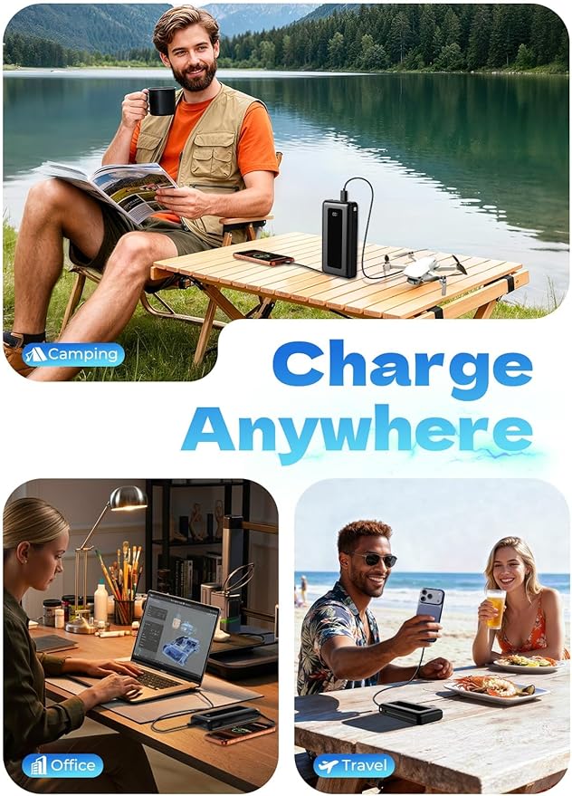 Power Bank, 50000mAh Travel Camping Essential Portable Charger with Built-in USB-C & iOS Cable, 22.5W PD Fast Charging Battery Pack, for iPhone 17/16/15, MacBook, Samsung – Dark Black