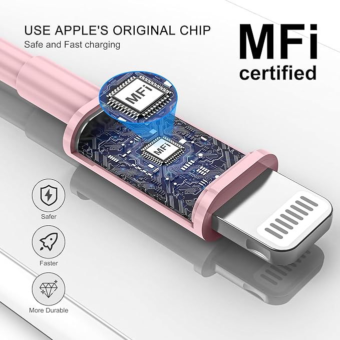 FUPYWP Car iPhone Carplay Cable, Car Charger Cord, USB A to Lightning Cable Fast Charging & Data Transfer for iPhone 14/13/12/11 Pro Max XR XS X 8 7 6 Plus SE Tangle-Free,3ft Pink