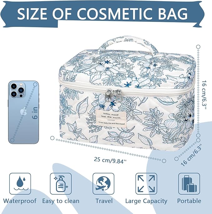 Gosect Large Makeup Bag, Cute Cosmetic Bag for Women Girls, Floral Coquette Aesthetic Toiletry Bag, Travel Make Up Organizer Bag (Navy Blue)