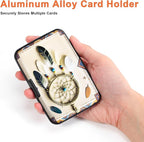 Mayski Credit Card Holder, RFID Blocking, Aluminum Alloy Hard Case, Small Mini Business Metal Wallet for Women Men, Boho Feathers