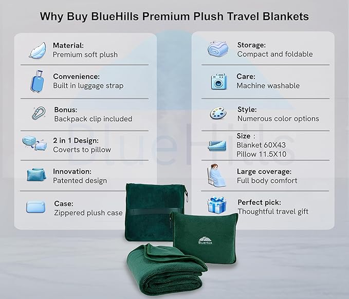 BlueHills Premium Soft Travel Blanket Pillow Airplane Flight Blanket Throw in Soft Bag Pillowcase Compact Pack Large Comfort for Travel Green (Dark Green T010)